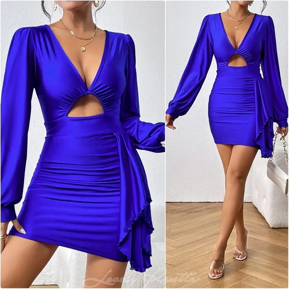 Blue Cutout Ruched Cocktail Dress
