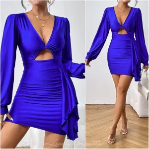 Blue Cutout Ruched Cocktail Dress