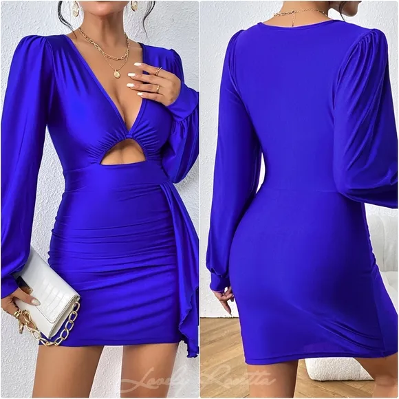 Blue Cutout Ruched Cocktail Dress