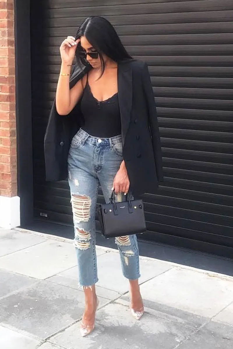 Blue Extreme Distressed Frey Hem Jeans - Terri