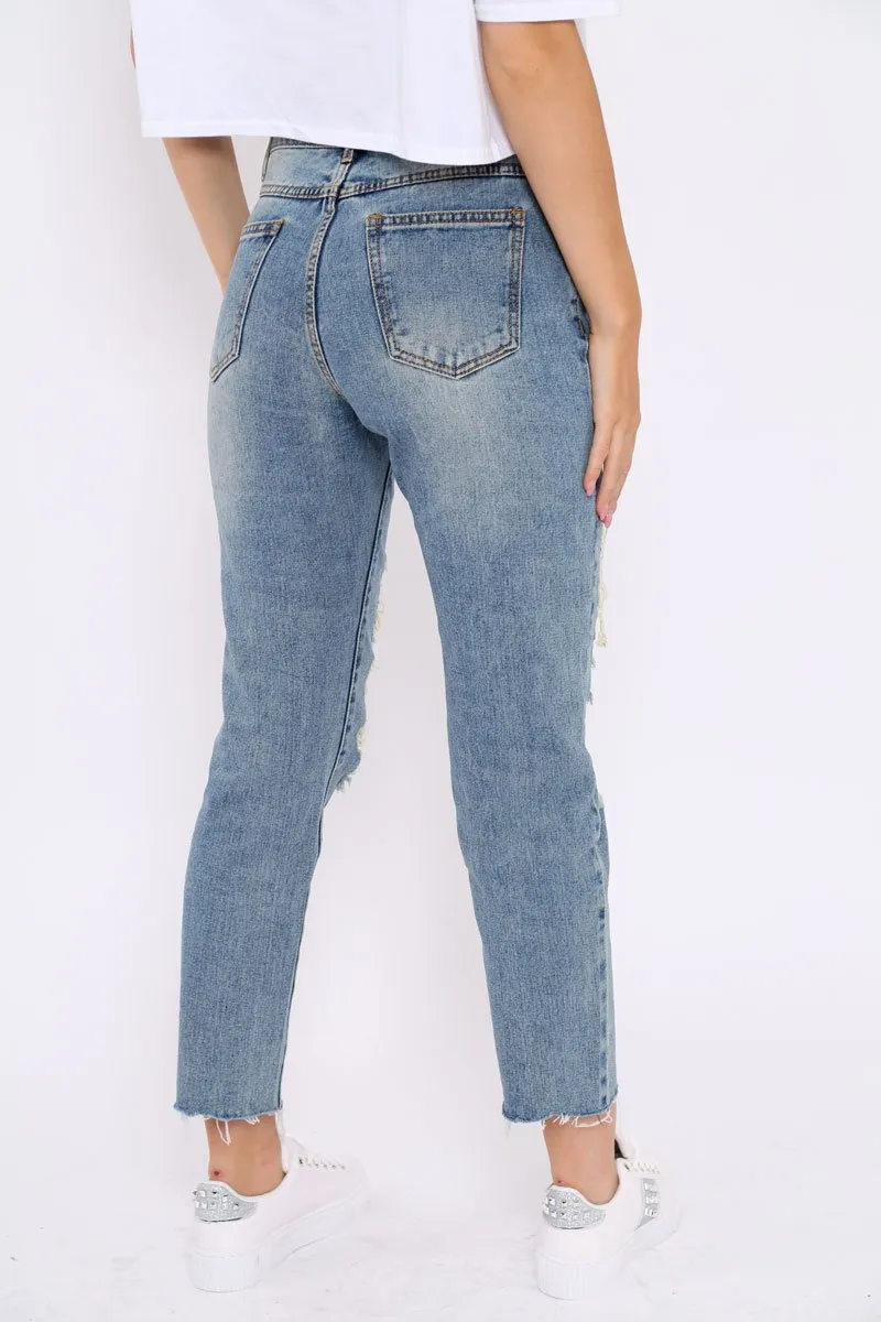 Blue Extreme Distressed Frey Hem Jeans - Terri