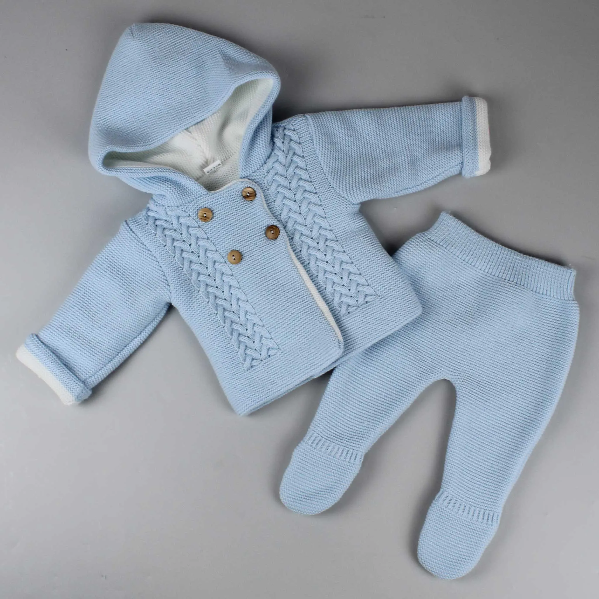 Boys Blue Knitted Baby Outfit - Jacket with Hood