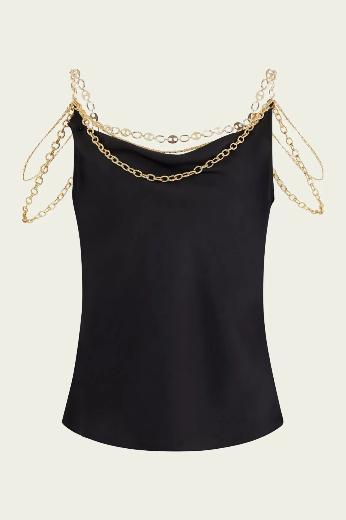 Chain-Strap Silk Cowl-Neck Top in Black