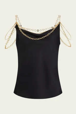 Chain-Strap Silk Cowl-Neck Top in Black