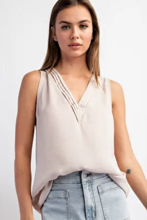 Champagne Satin Pintuck V Neck Tank Blouse