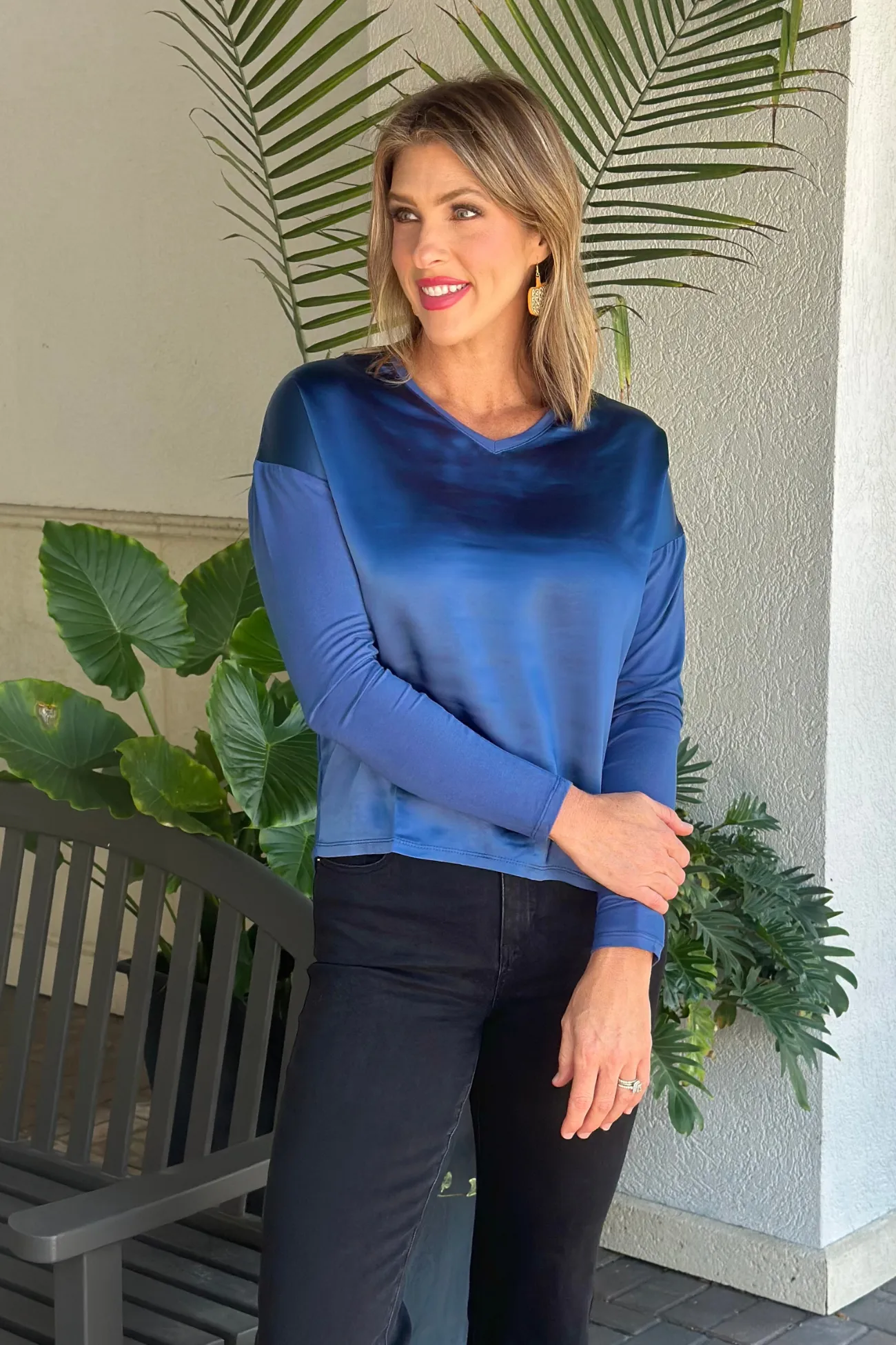 Charlie B Denim Satin Jersey V-Neck Knit Top