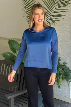 Charlie B Denim Satin Jersey V-Neck Knit Top