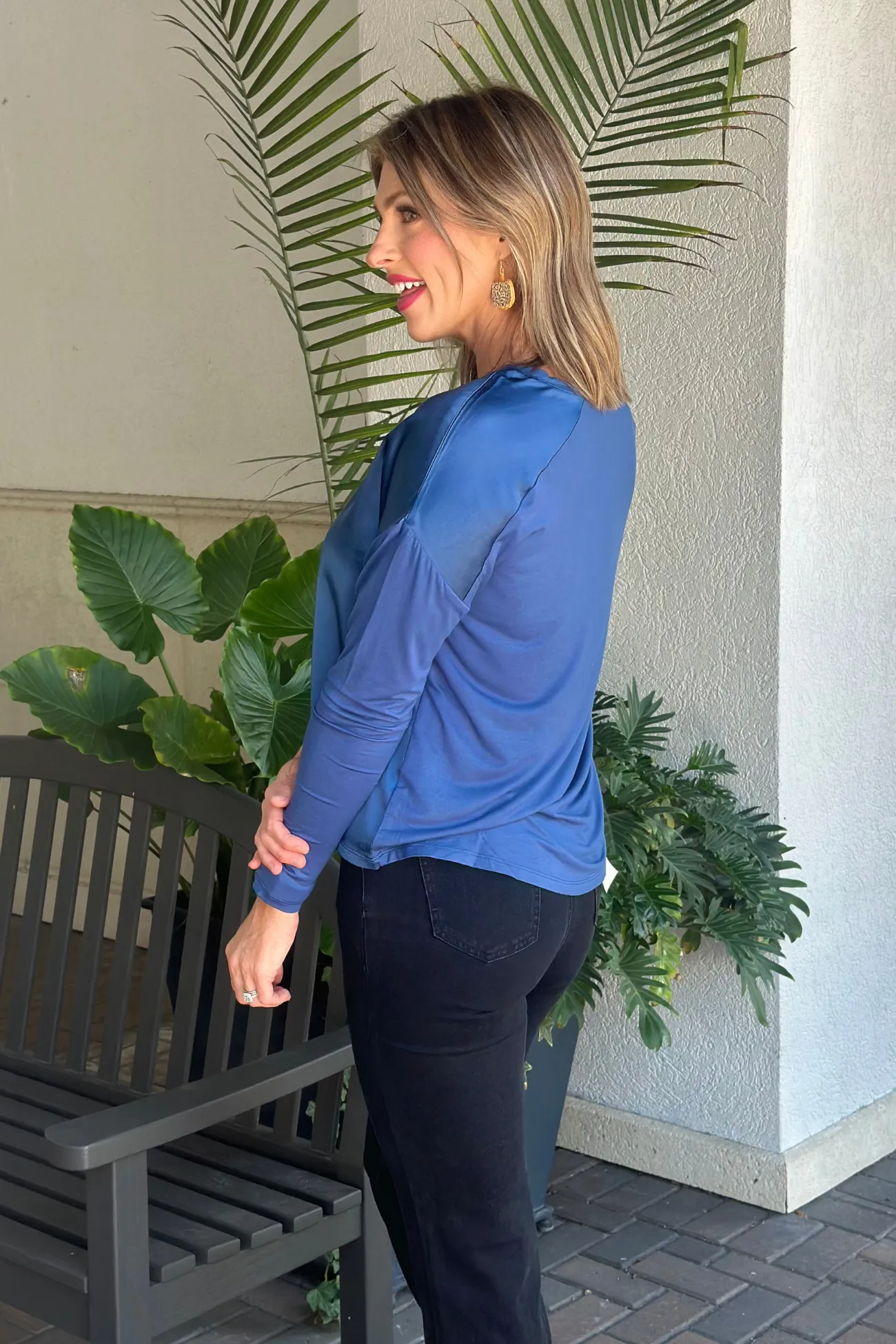 Charlie B Denim Satin Jersey V-Neck Knit Top