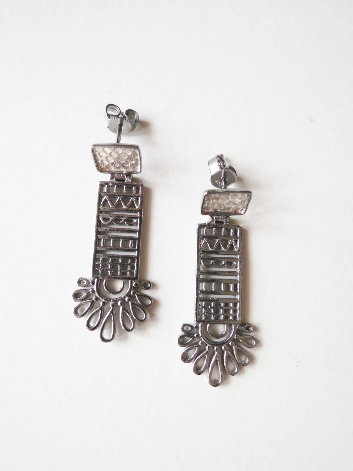 Chic, mehndi inspired, long rectangular black rhodium plated earrings