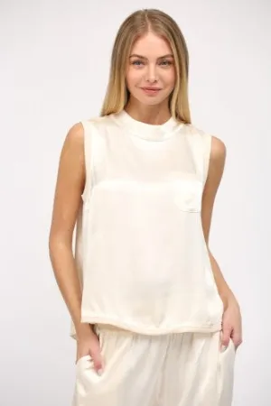 Cream Satin Tank with Rib Hem