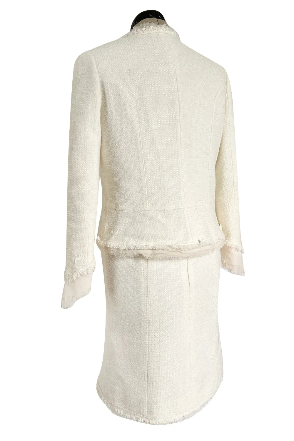 Cruise 2004 Chanel by Karl Lagerfeld Three Piece Ivory Silk Boucle Suit w Silk Chiffon Edging