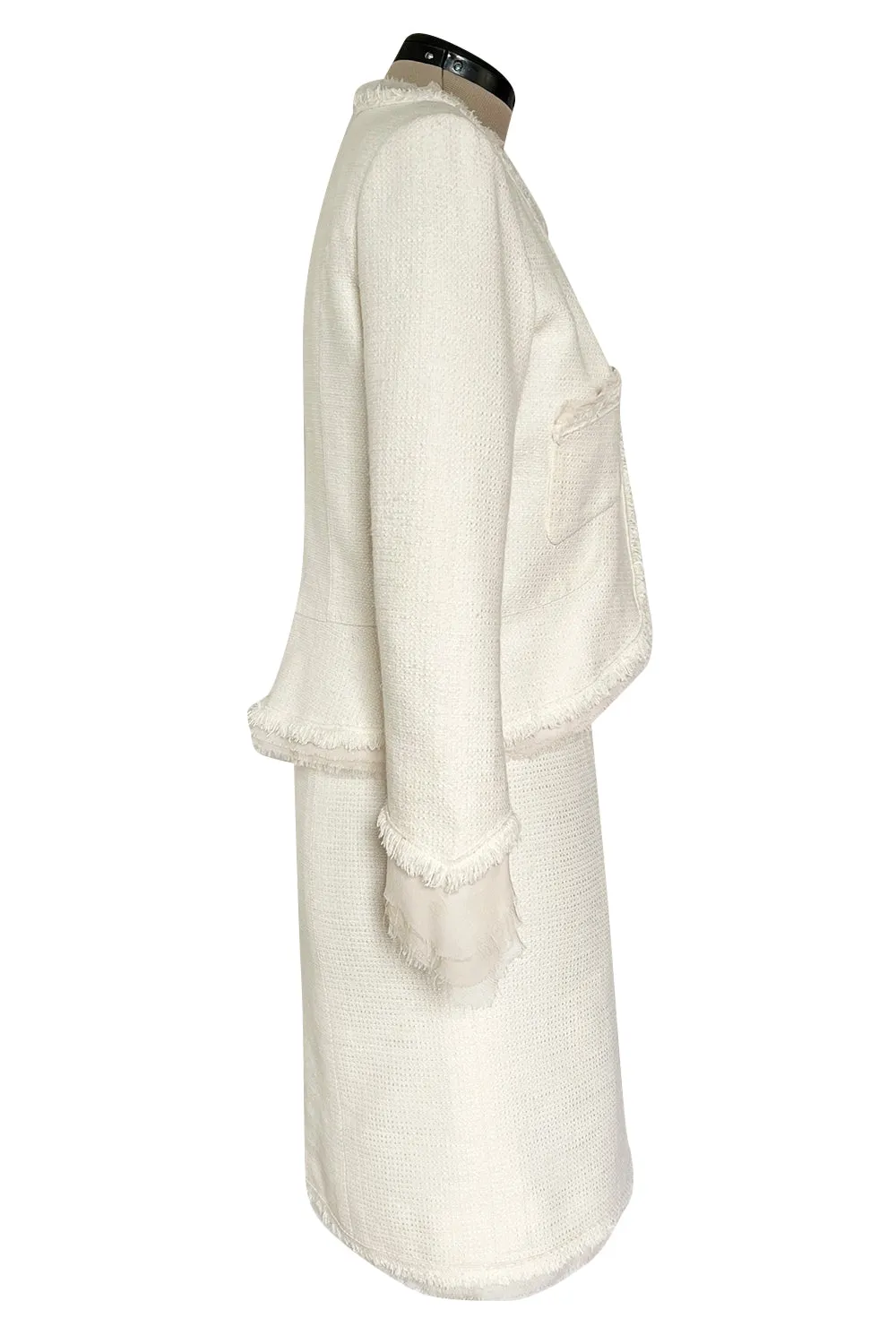 Cruise 2004 Chanel by Karl Lagerfeld Three Piece Ivory Silk Boucle Suit w Silk Chiffon Edging