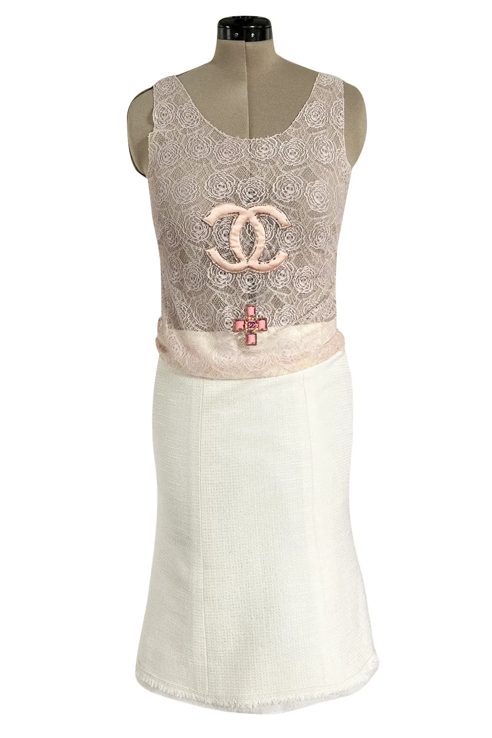 Cruise 2004 Chanel by Karl Lagerfeld Three Piece Ivory Silk Boucle Suit w Silk Chiffon Edging