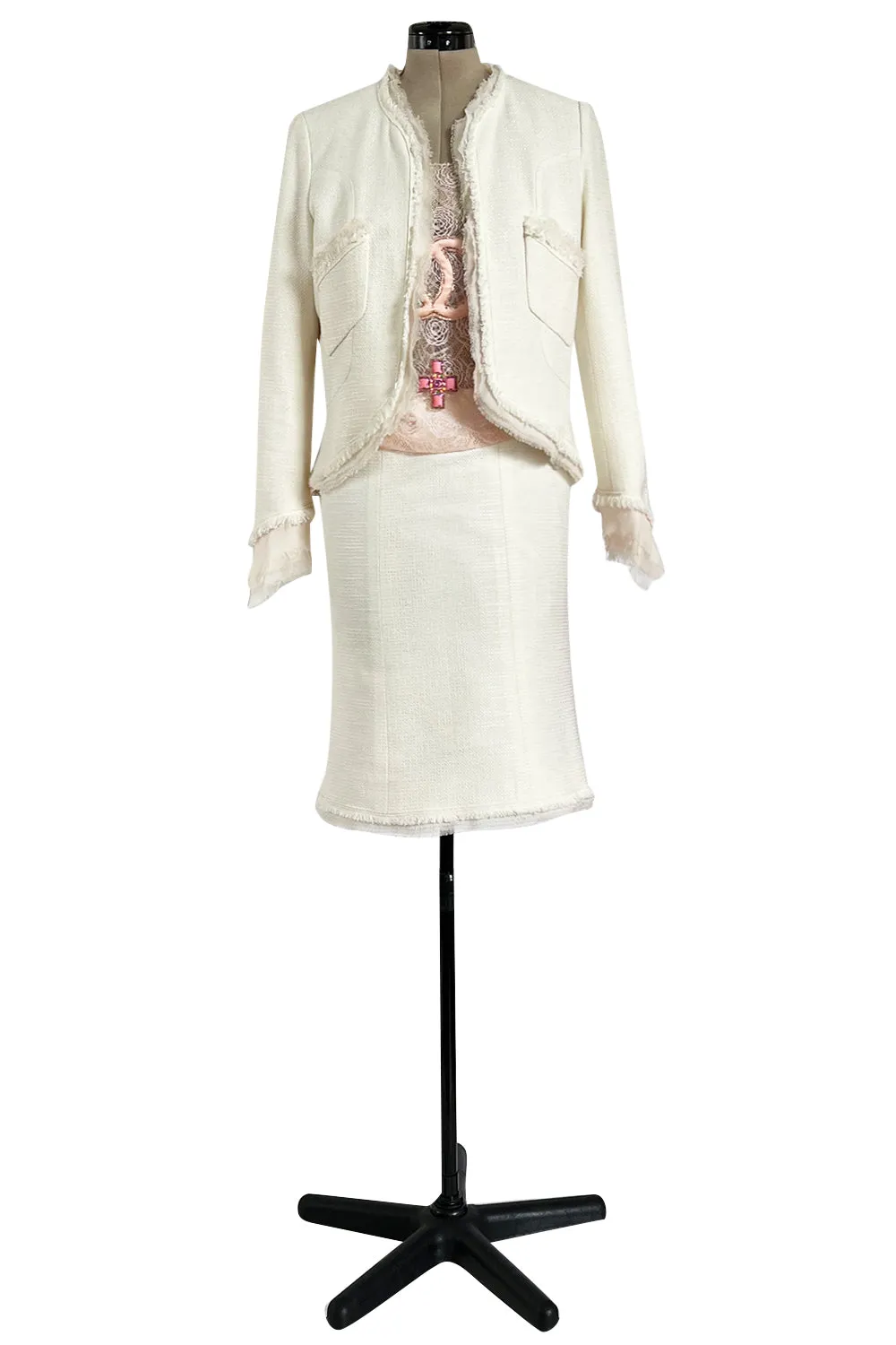 Cruise 2004 Chanel by Karl Lagerfeld Three Piece Ivory Silk Boucle Suit w Silk Chiffon Edging