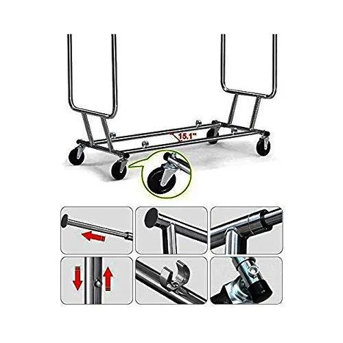 Cu AlightUp Double Rail Rolling Garment Rack with Adjustable Extensible Rails Heavy Duty Collapsible Clothing Hanging Coat Rack Commercial Grade Clothes Drying Rack Dress Shirt Storage Stand, Black