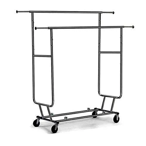Cu AlightUp Double Rail Rolling Garment Rack with Adjustable Extensible Rails Heavy Duty Collapsible Clothing Hanging Coat Rack Commercial Grade Clothes Drying Rack Dress Shirt Storage Stand, Black