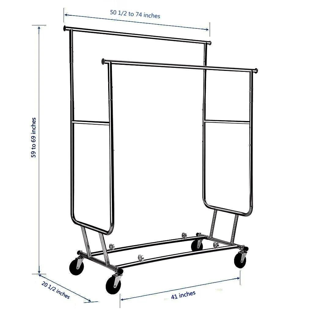 Cu AlightUp Double Rail Rolling Garment Rack with Adjustable Extensible Rails Heavy Duty Collapsible Clothing Hanging Coat Rack Commercial Grade Clothes Drying Rack Dress Shirt Storage Stand, Black