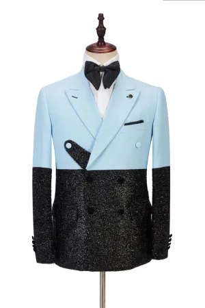 Custom design Sky Blue Stitching Sparkle Black Peak Lapel Two-piece Men Suit Online