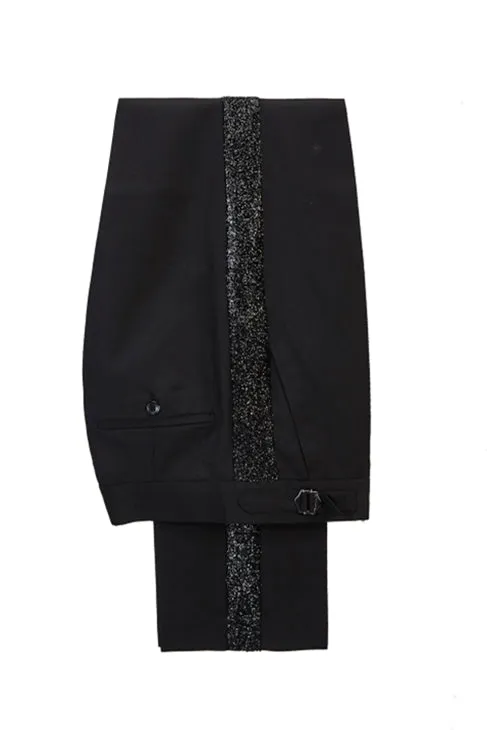Custom design Sky Blue Stitching Sparkle Black Peak Lapel Two-piece Men Suit Online