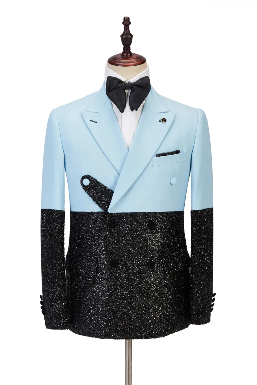 Custom design Sky Blue Stitching Sparkle Black Peak Lapel Two-piece Men Suit Online