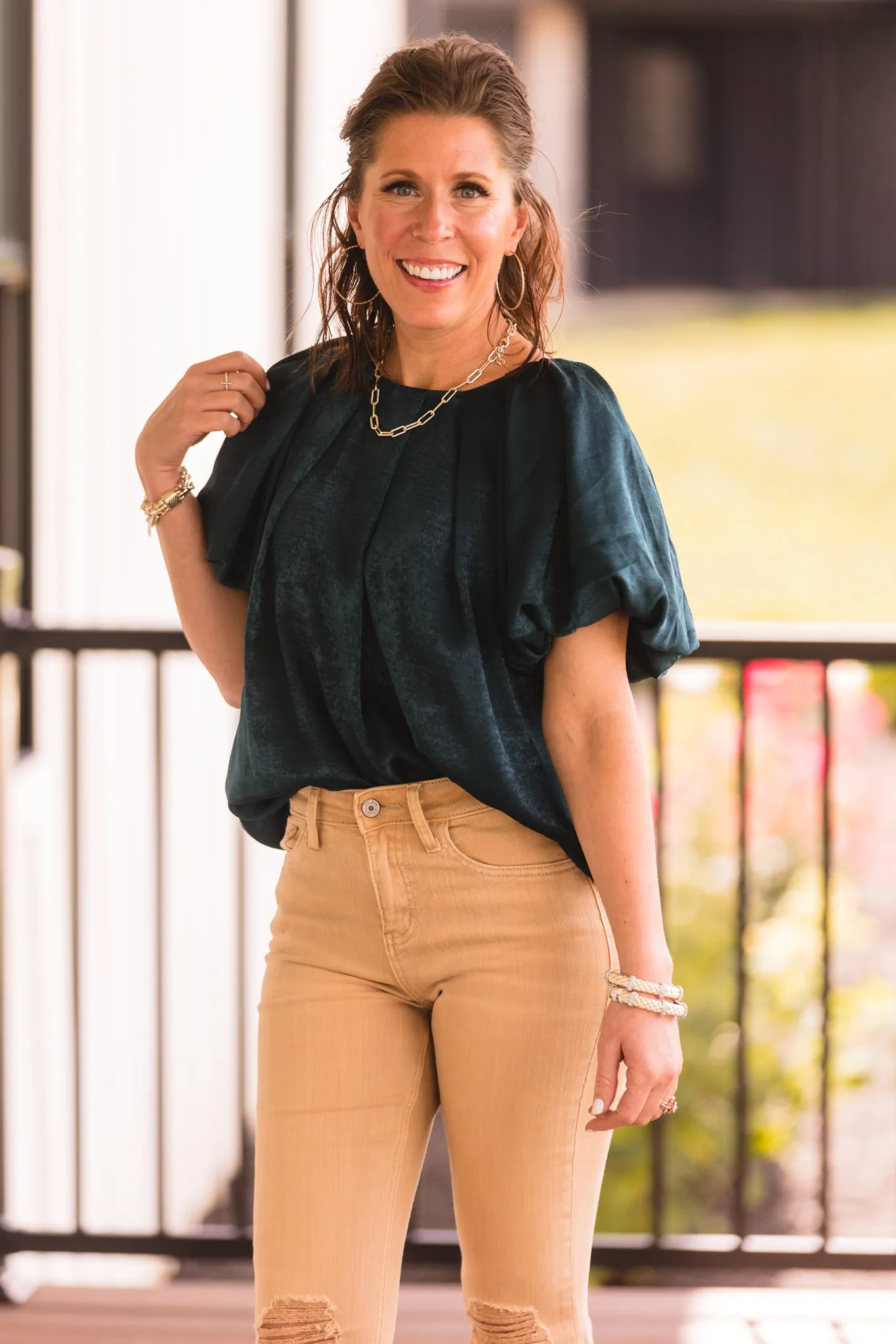 Dark Teal Satin Shimmer Round Neck Puff Sleeve S/S Blouse