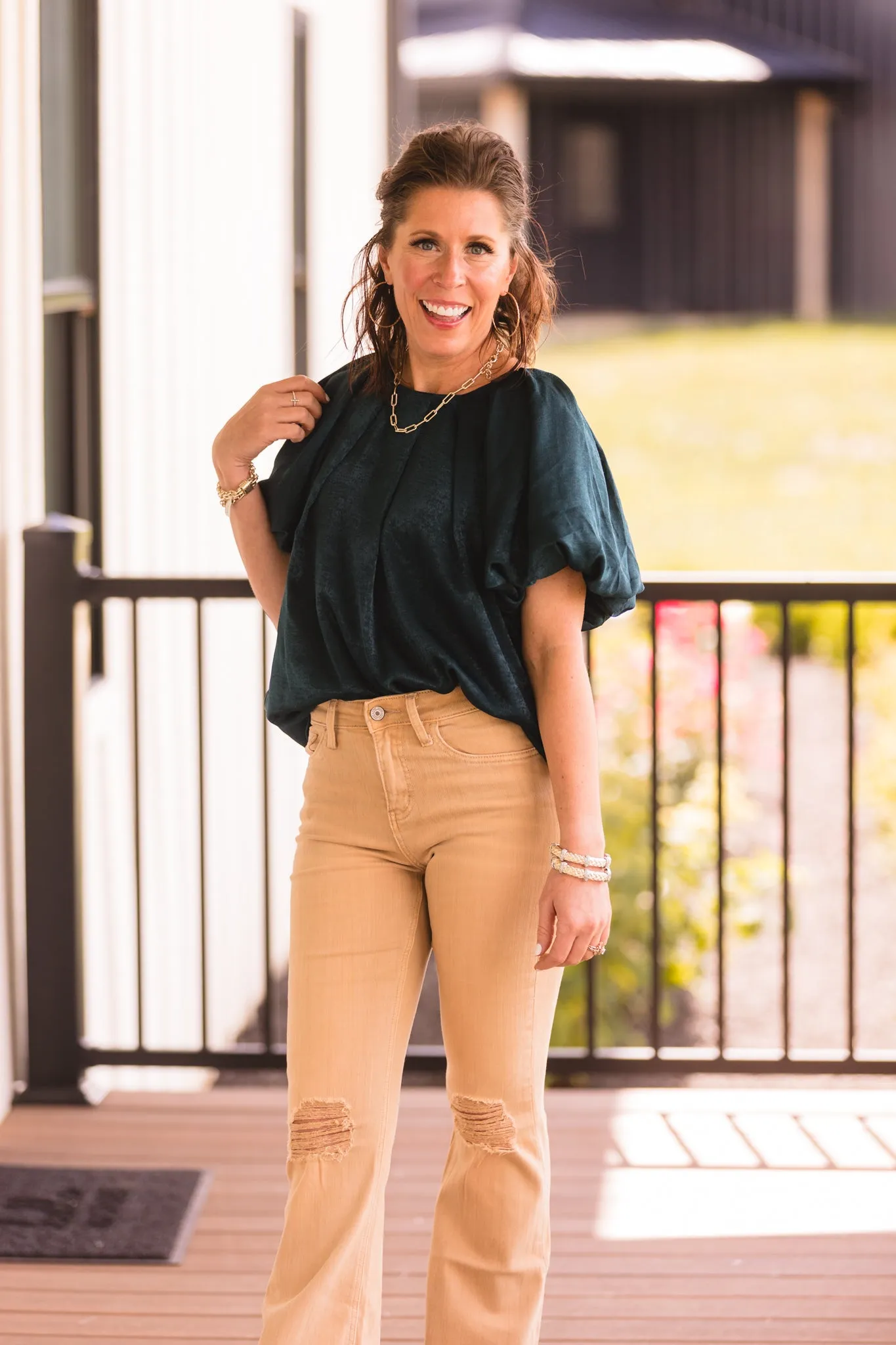 Dark Teal Satin Shimmer Round Neck Puff Sleeve S/S Blouse