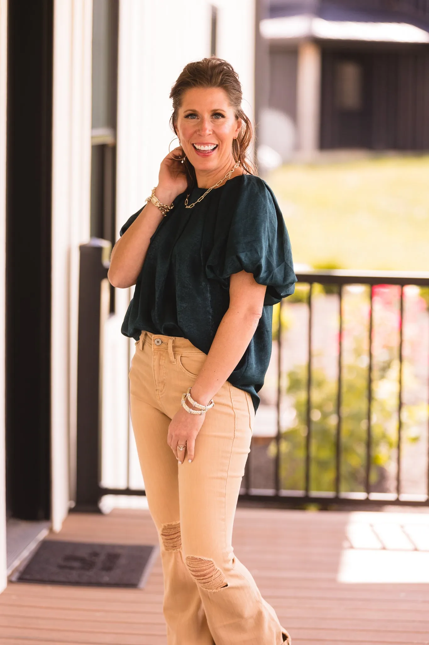 Dark Teal Satin Shimmer Round Neck Puff Sleeve S/S Blouse