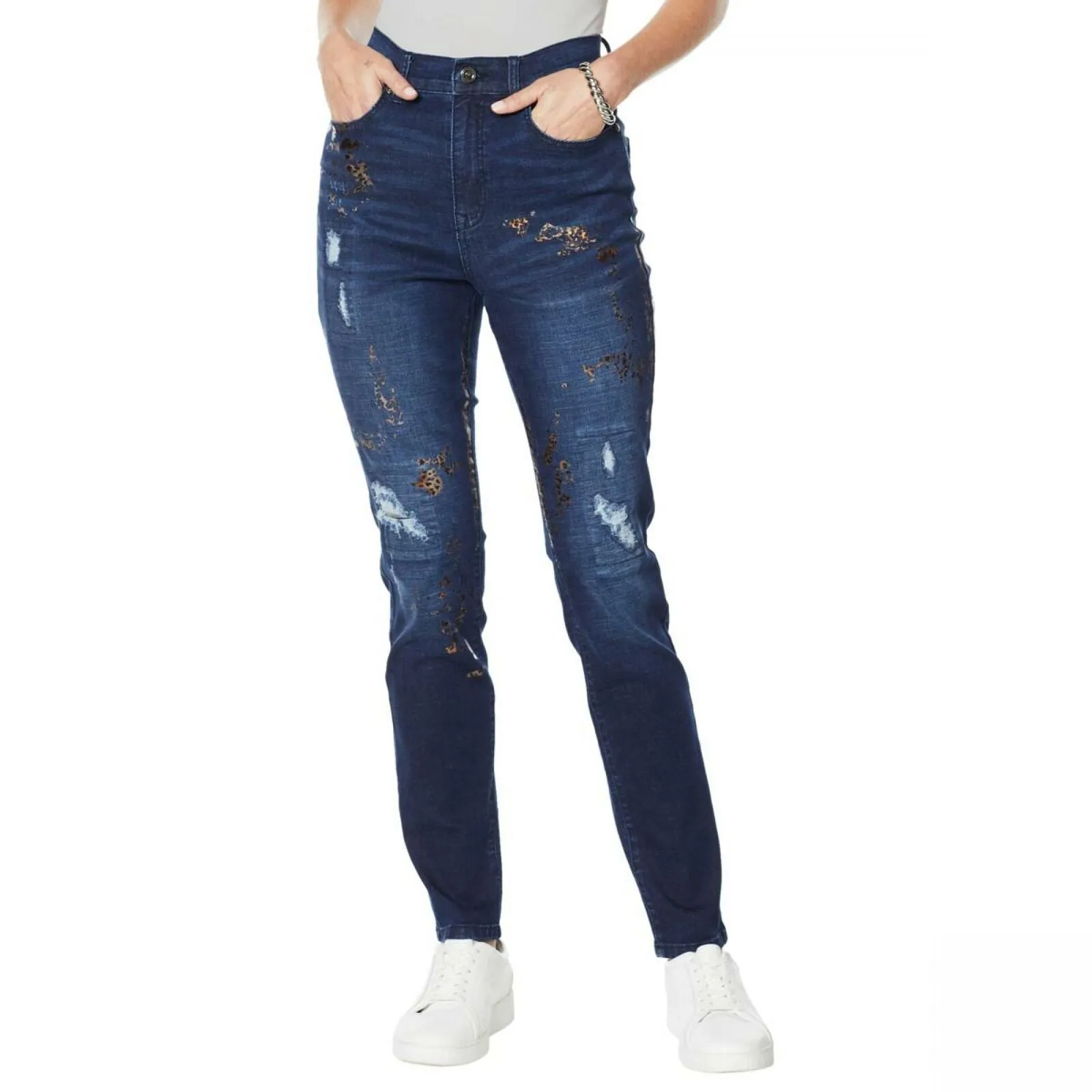 DG2 by Diane Gilman Crosshatch Destructed Skinny Jeans 0 Petite Indigo