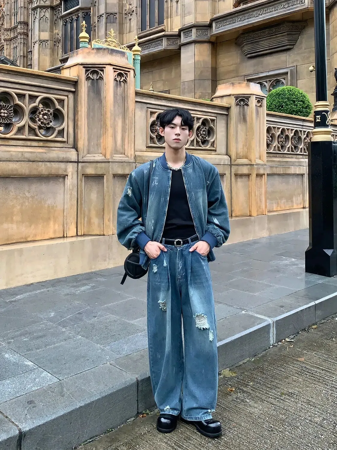 Distressed Denim Jacket Pants Set