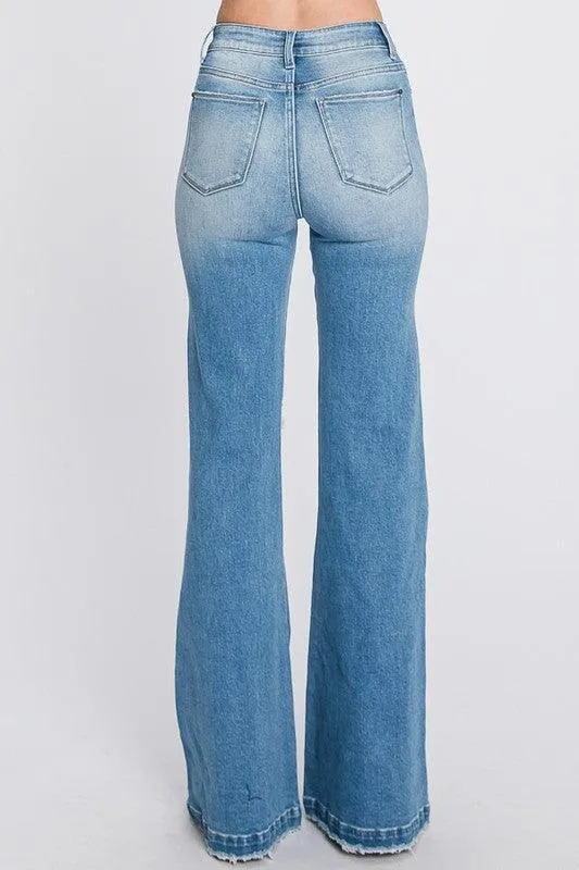 DISTRESSED SUPER HIGH RISE 70'S INSPIRED FLARE JEANS