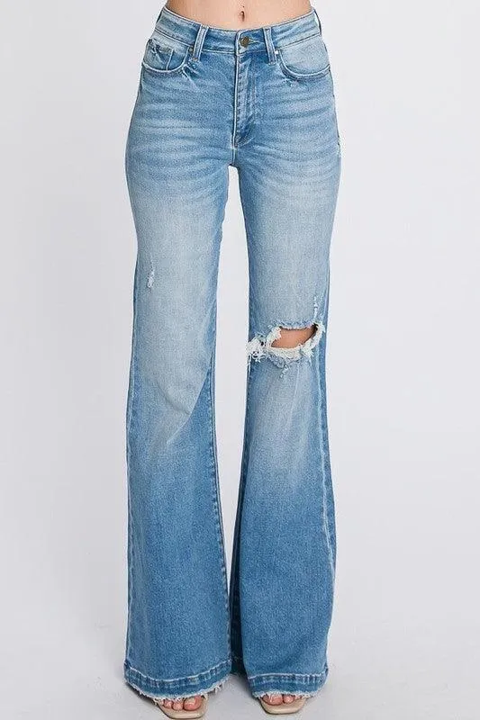 DISTRESSED SUPER HIGH RISE 70'S INSPIRED FLARE JEANS