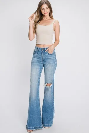 DISTRESSED SUPER HIGH RISE 70'S INSPIRED FLARE JEANS