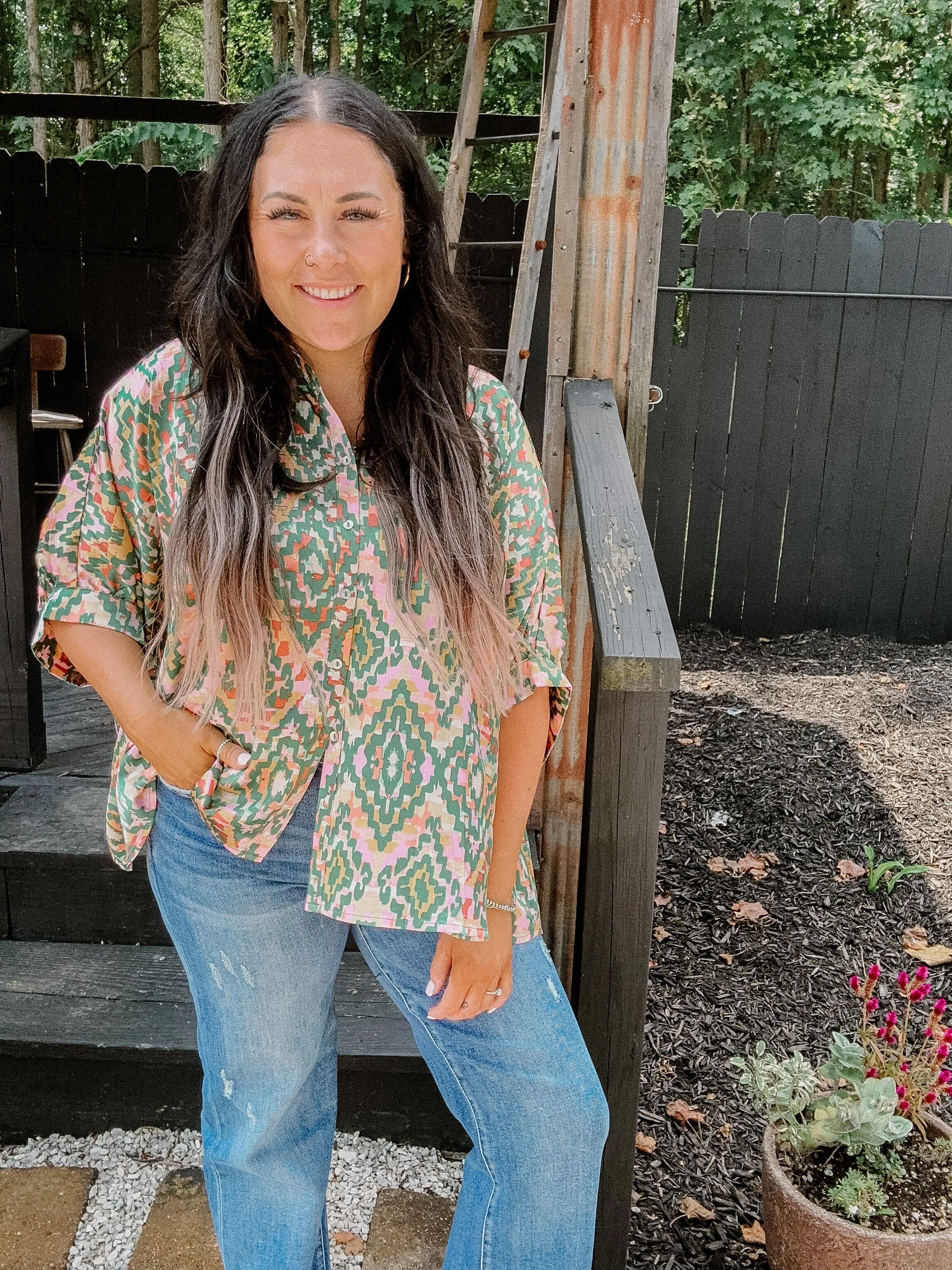 Dry Herb Aztec Print Button Down Silk Blouse