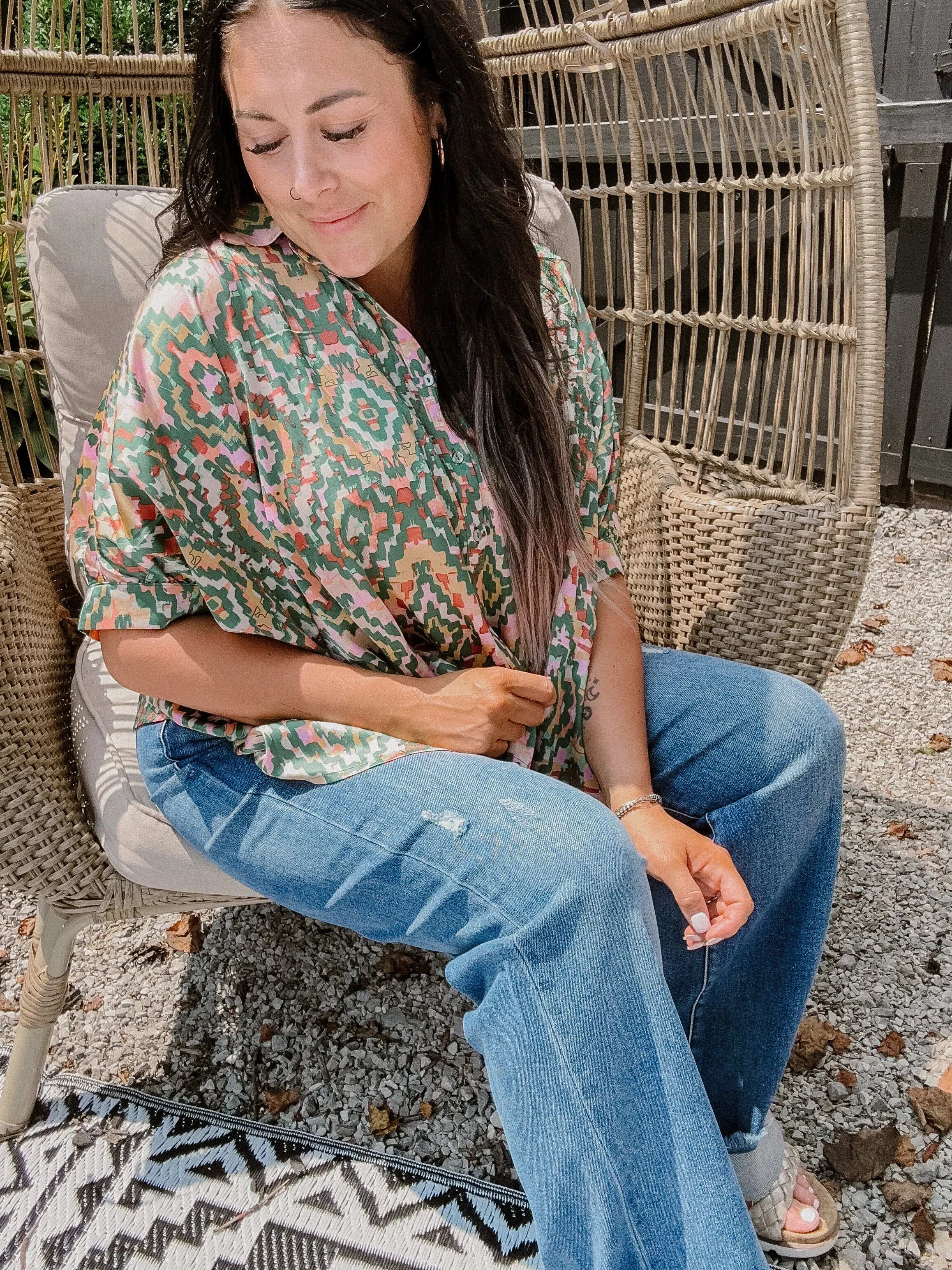 Dry Herb Aztec Print Button Down Silk Blouse