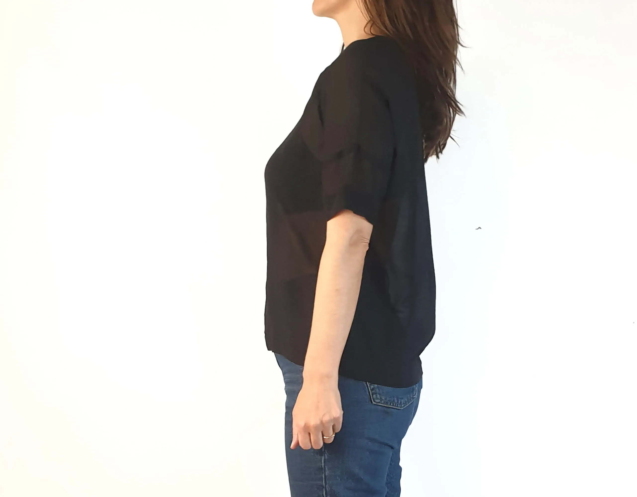 Elk black semi-sheer majority silk top with subtle horizontal stripes size XS, best fits size 6