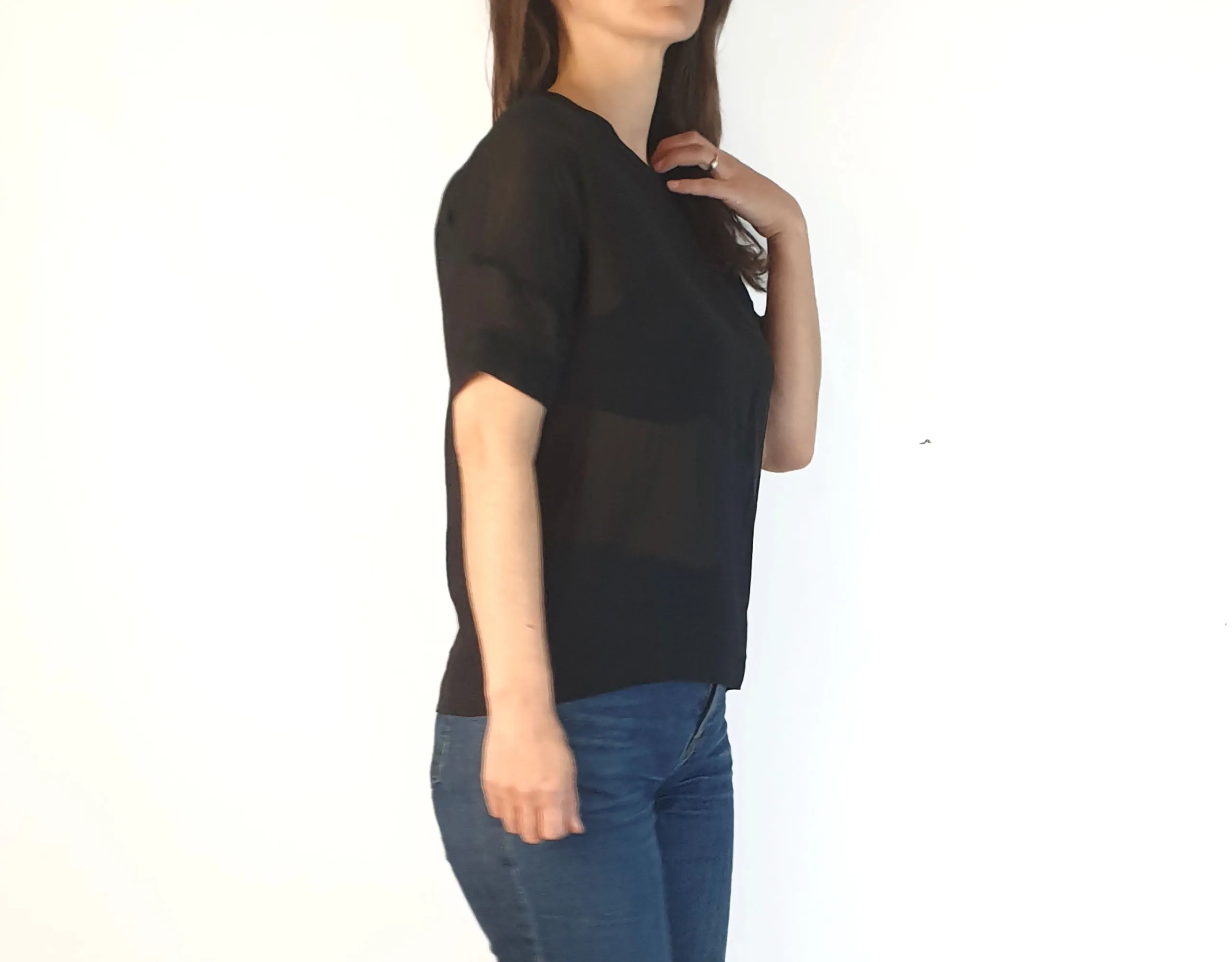 Elk black semi-sheer majority silk top with subtle horizontal stripes size XS, best fits size 6