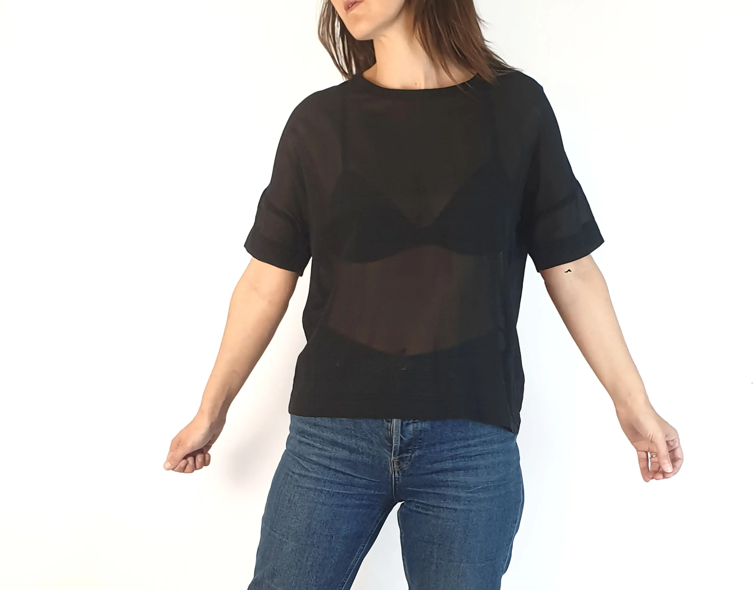 Elk black semi-sheer majority silk top with subtle horizontal stripes size XS, best fits size 6