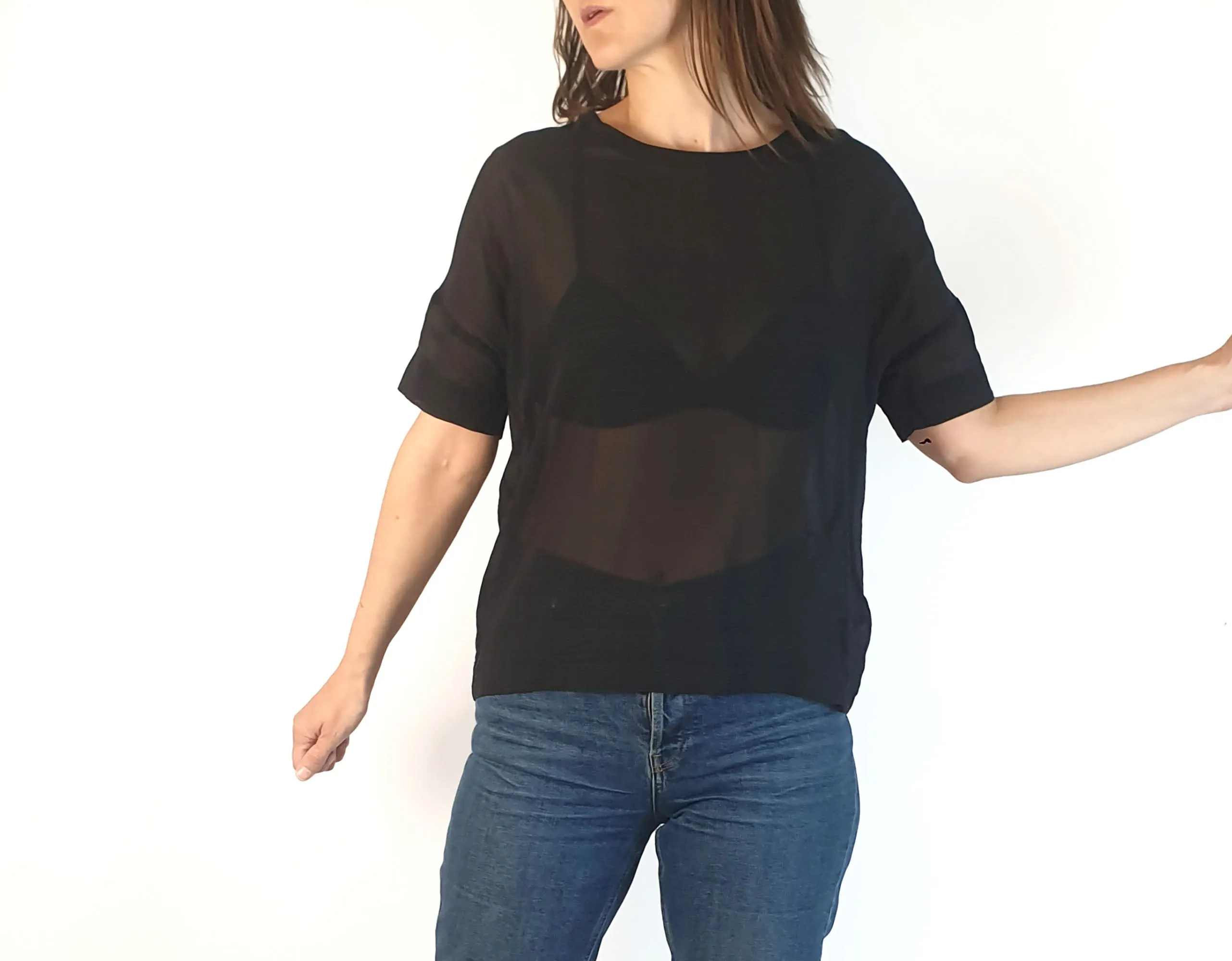 Elk black semi-sheer majority silk top with subtle horizontal stripes size XS, best fits size 6