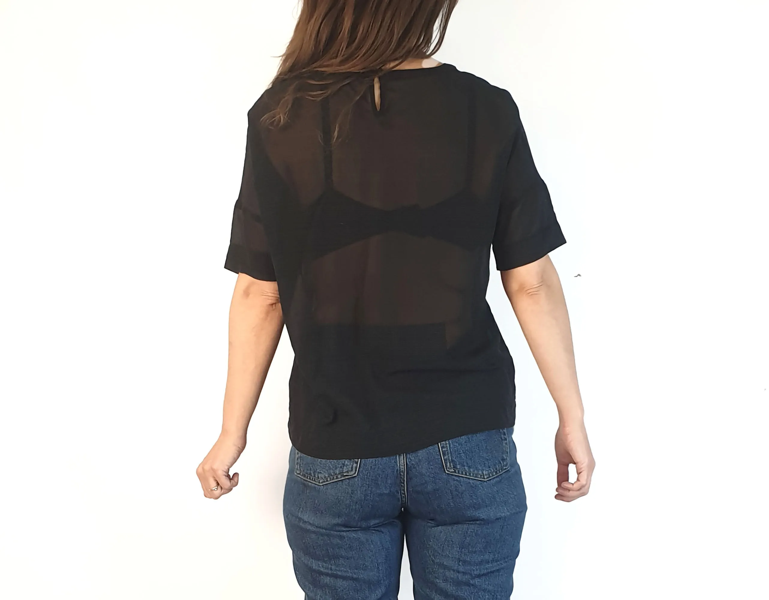 Elk black semi-sheer majority silk top with subtle horizontal stripes size XS, best fits size 6