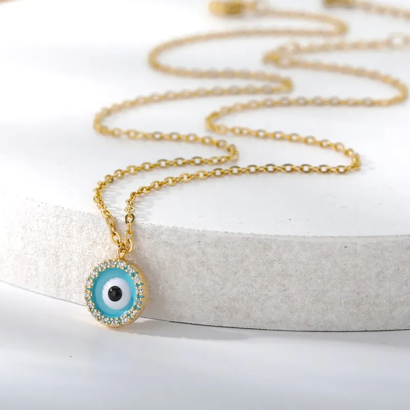 Evil Eye Blue Round Zircon Crystal Turkish Eye Choker Pendant Necklace Jewelry Gift For Women