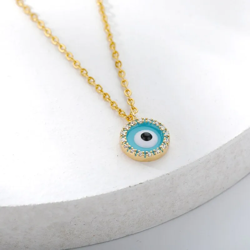 Evil Eye Blue Round Zircon Crystal Turkish Eye Choker Pendant Necklace Jewelry Gift For Women