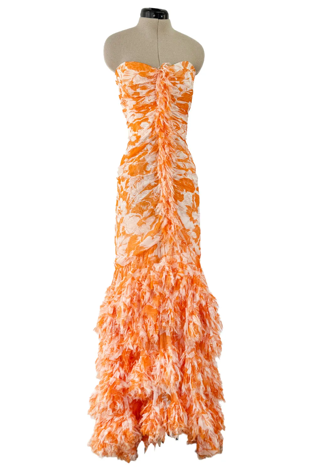 Exceptional Spring 2004 Oscar de la Renta Runway Printed Silk Chiffon Dress w Ruffle Skirt