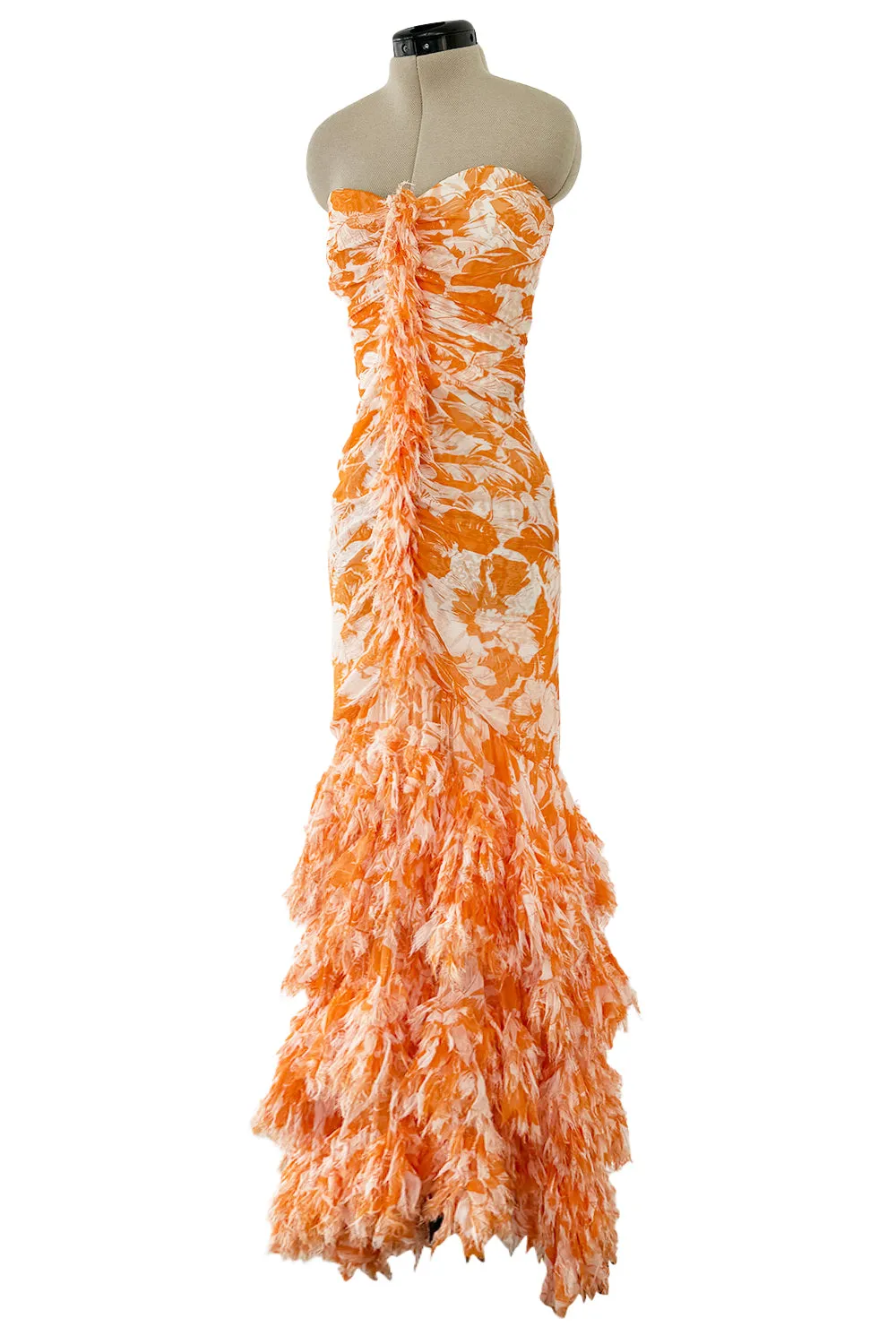 Exceptional Spring 2004 Oscar de la Renta Runway Printed Silk Chiffon Dress w Ruffle Skirt