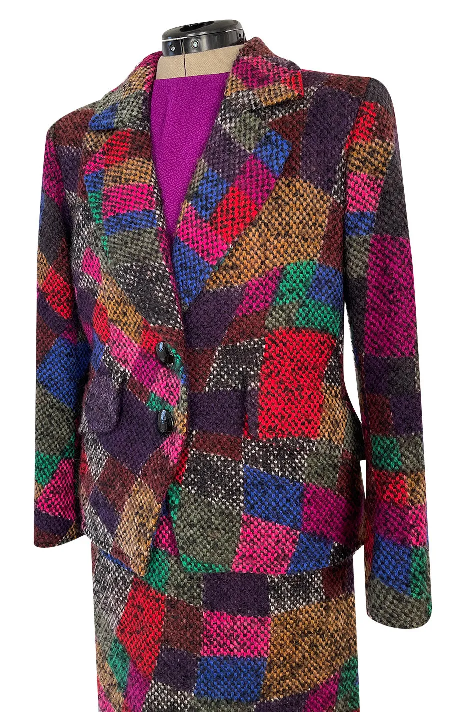 Fall 1991 Ady Couture Lausanne Yves Saint Laurent Haute Couture Copy Wool Patchwork Suit w Silk Top