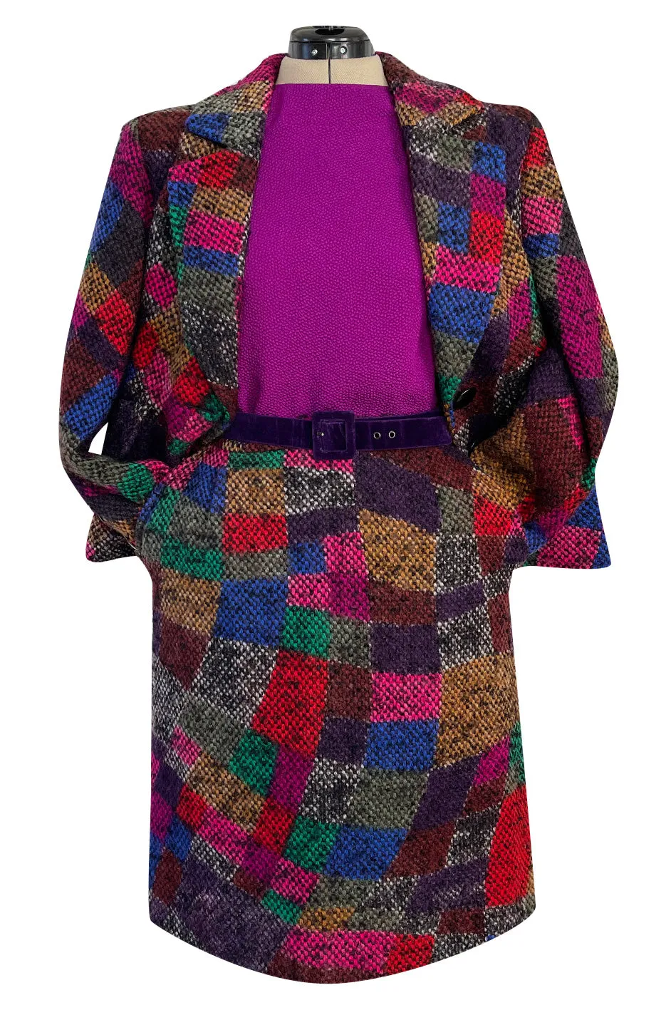 Fall 1991 Ady Couture Lausanne Yves Saint Laurent Haute Couture Copy Wool Patchwork Suit w Silk Top