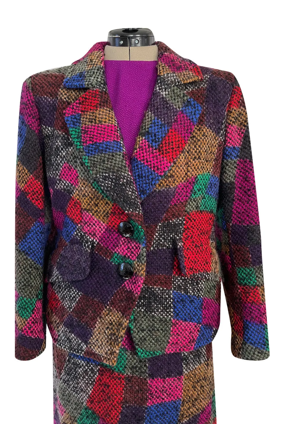 Fall 1991 Ady Couture Lausanne Yves Saint Laurent Haute Couture Copy Wool Patchwork Suit w Silk Top