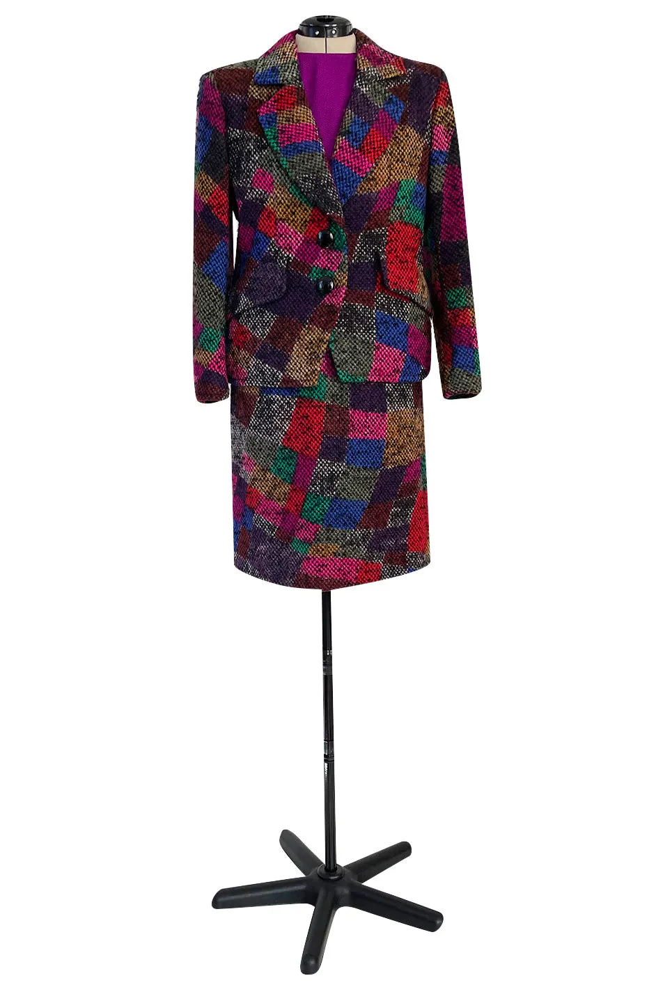 Fall 1991 Ady Couture Lausanne Yves Saint Laurent Haute Couture Copy Wool Patchwork Suit w Silk Top