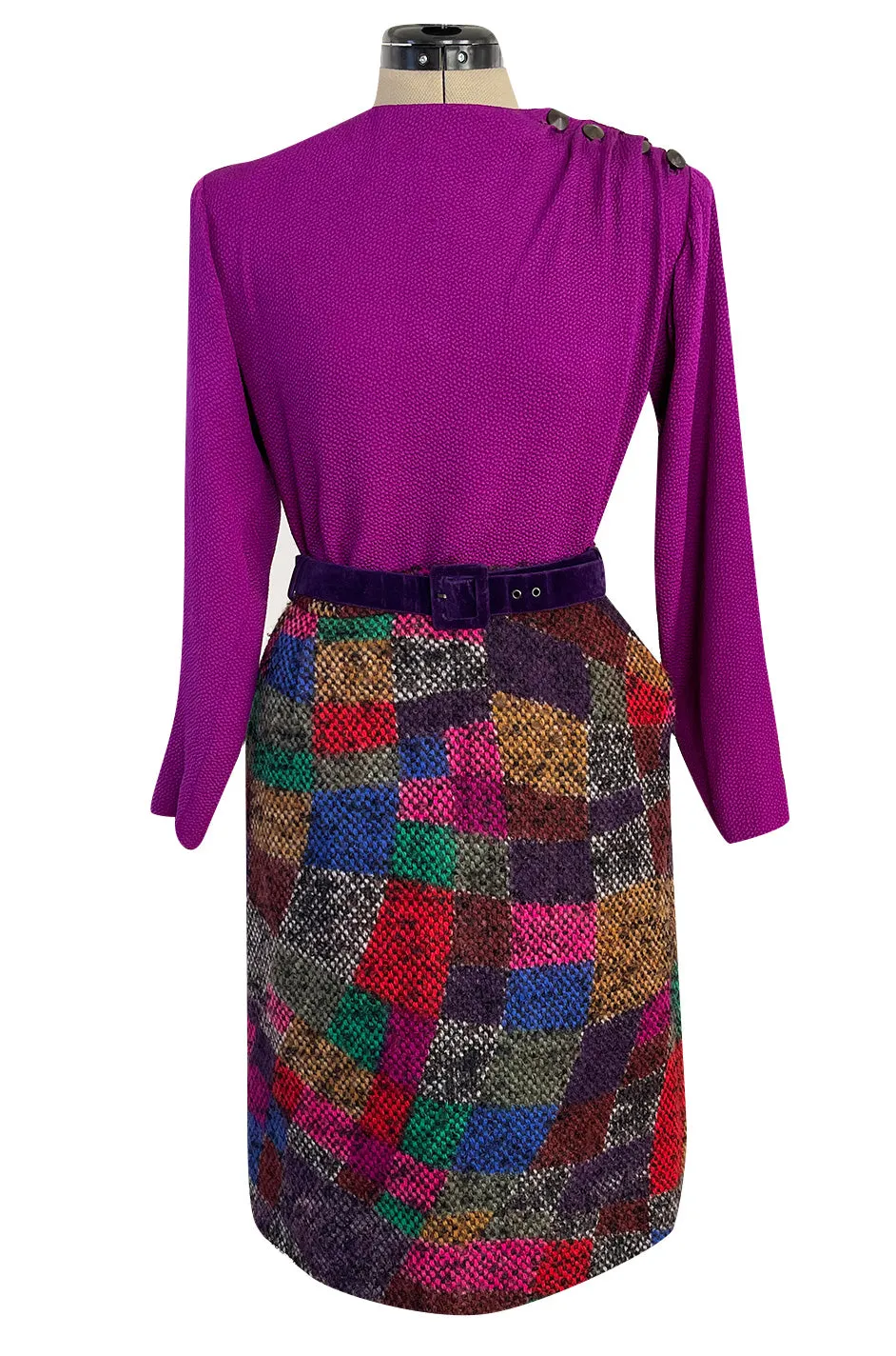 Fall 1991 Ady Couture Lausanne Yves Saint Laurent Haute Couture Copy Wool Patchwork Suit w Silk Top