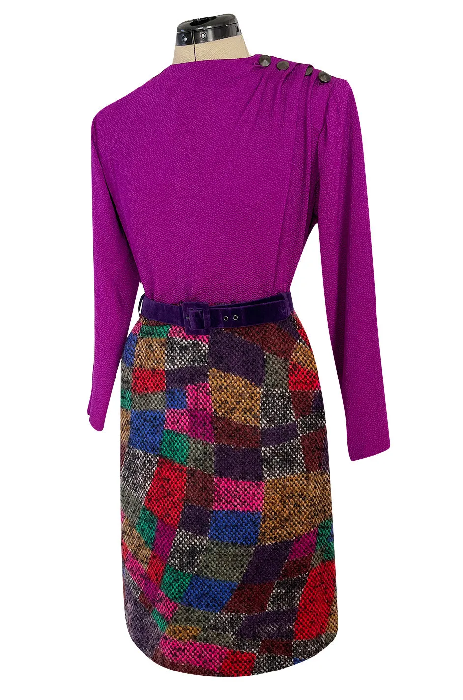 Fall 1991 Ady Couture Lausanne Yves Saint Laurent Haute Couture Copy Wool Patchwork Suit w Silk Top