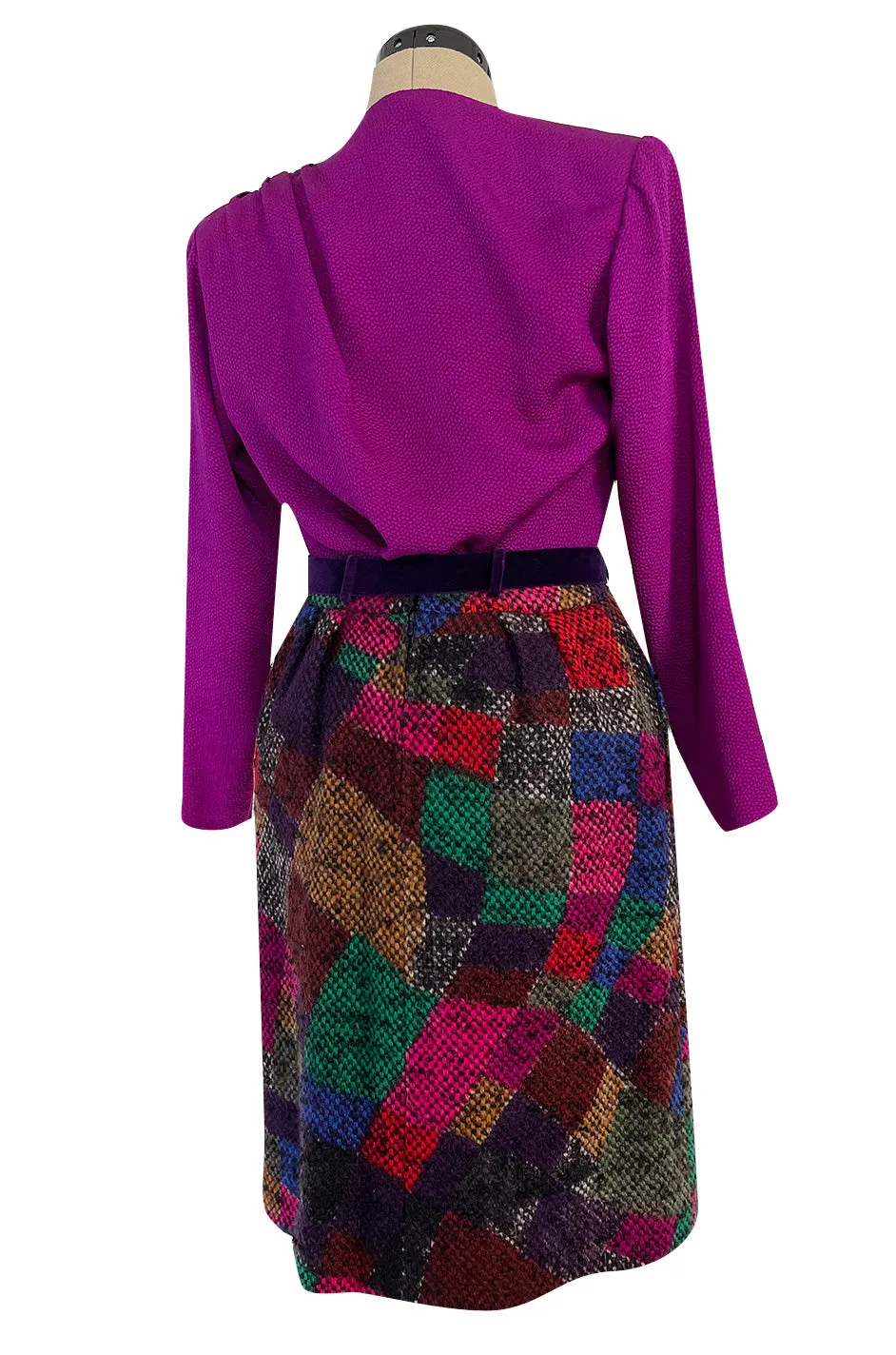 Fall 1991 Ady Couture Lausanne Yves Saint Laurent Haute Couture Copy Wool Patchwork Suit w Silk Top